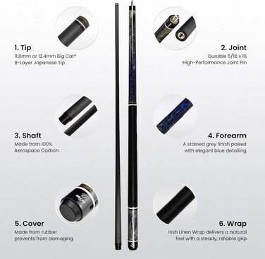 Більярдний кий Big Cat Carbon Gold Series з карбоновим шафтом Pro Taper, накінечниками 11.8 мм та 12.4 мм, обмотка з ірландського льону, 20oz, GLD-4