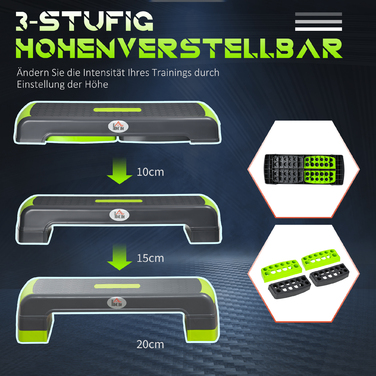 Аеробний степпер, 3 рівні регулювання висоти, до 150 кг, 78 x 28 x 20 см, сірий/зелений
