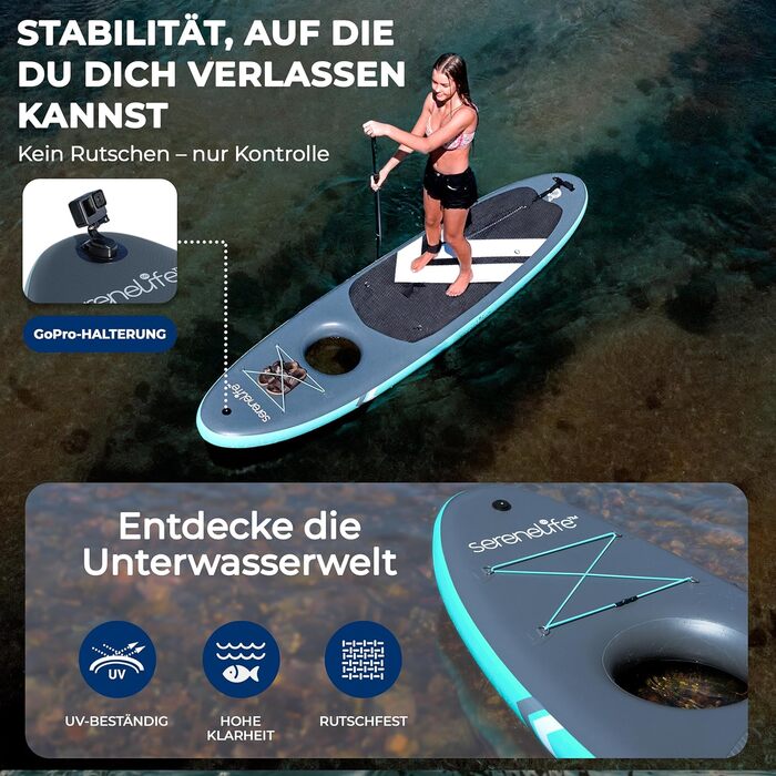 SUP дошка SereneLife надувна з вікном та тримачем для GoPro, 305 x 81 см. Комплект для Stand Up Paddling. Стабільна, нековзка, для підлітків та дорослих