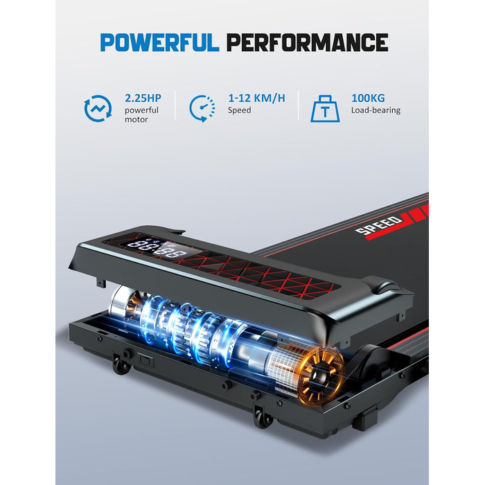 Біговий тренажер RAOO MIN для дому, 1-12 км/год, двигун 2.25HP, складаний, з пультом та LED-дисплеєм, підставка для телефону. Чорний