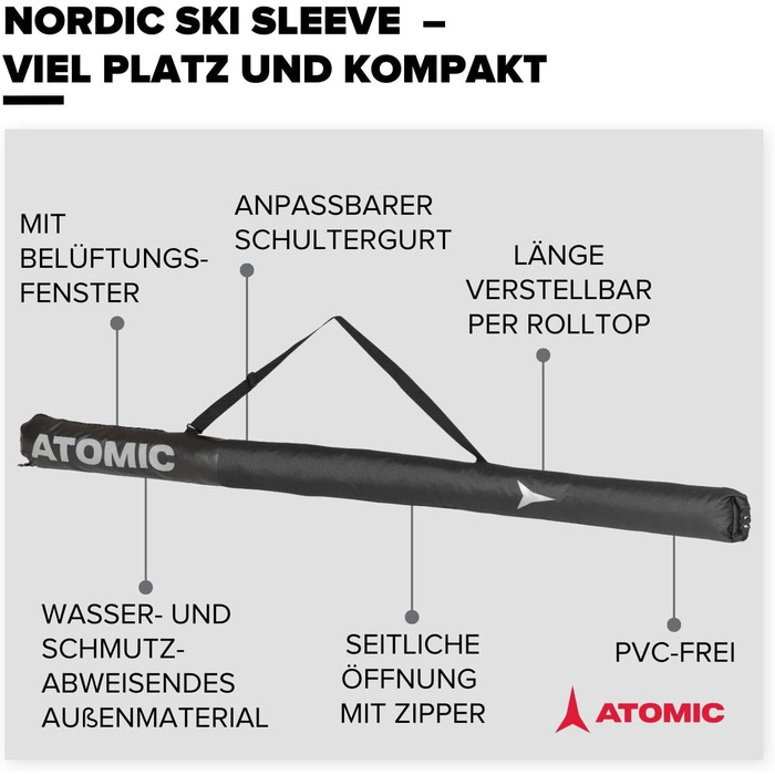 Чохол для лиж ATOMIC Nordic Ski Sleeve, водонепроникний, регульований, для бігових лиж та палиць, чорний