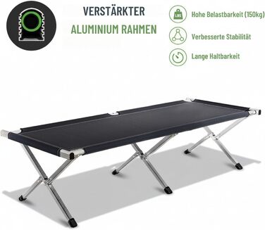Ліжко кемпінгове Kronenburg XXL 210x72x45 см, сталеве, до 200 кг, чорне