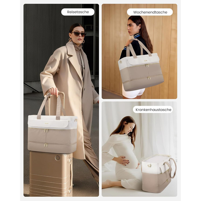 Спортивна сумка LOVEVOOK Weekender 45L з відділенням для взуття та мокрих речей, для подорожей, спортзалу, пологового будинку, ручної поклажі (зелено-бежева)