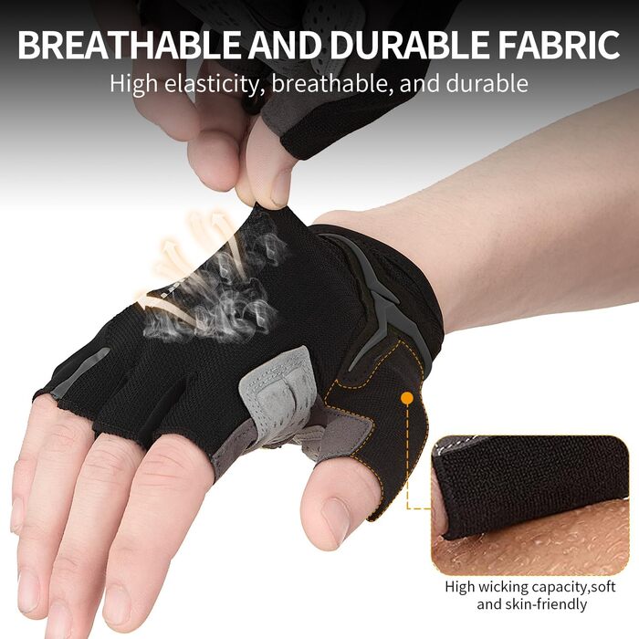 Велосипедні рукавички Souke Sports для чоловіків та жінок з гелевою підкладкою, дихаючі літні рукавички напівпальці для MTB, шосе, фітнесу, активного відпочинку, чорні, розмір S