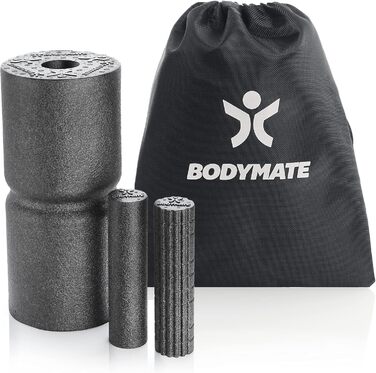 Набір для масажу BODYMATE CARE CORE: ролик для фасцій 35x14 см середньої жорсткості з канавкою, дві малі ролики 20x4,5 см (гладка та з виступами), чорний + електронна книга