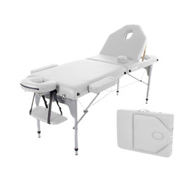 Масажний стіл QUIRUMED з алюмінію, 186x66 см, 14 см м'яке покриття, штучна шкіра, білий, регульована висота, складна спинка, легкий, до 150 кг