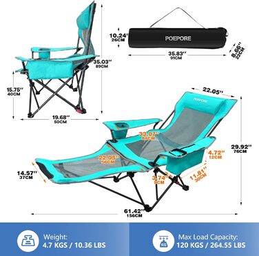 Крісло для кемпінгу Poeopore складне з підставкою для ніг, 4-х секційне, для відпочинку на пляжі та риболовлі, витримує до 120 кг, з кишенькою-холодильником, подушкою та тримачем для напоїв, блакитне