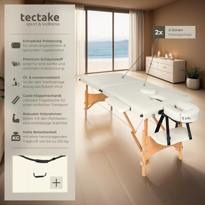 Складаний масажний стіл tectake 2-секційний, переносний, висота регулюється, 5 см м'яка оббивка, масажна кушетка з дерев'яними ніжками, сумка для перенесення, бежевий