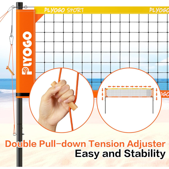 Волейбольна сітка PLYOGO для вулиці, професійний набір, регульовані алюмінієві стійки, анти-саг дизайн, подвійний регулятор натягу, для пляжу та газону