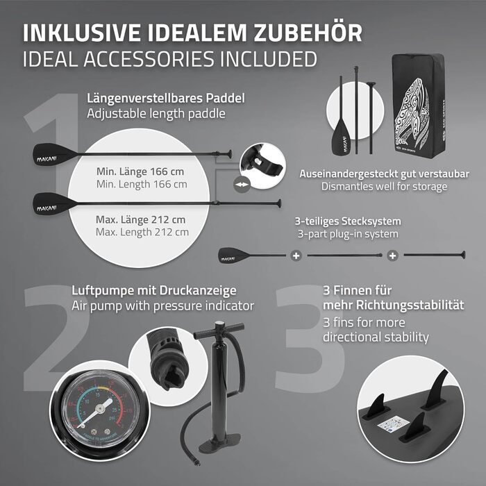 Надувний SUP дошка ECD Germany Makani - Stand Up Paddle Board (SUP) 305/320/380см, до 120/150кг, з сидінням для каяка, сумка в комплекті