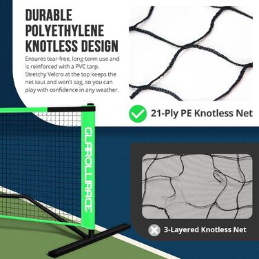 Набір для гри в піклбол 3-в-1 портативний, розмір 22x10x4 фути, сітка PE + металевий каркас, для будь-якої погоди та вітру, внутрішнє та зовнішнє використання, флуоресцентний зелений