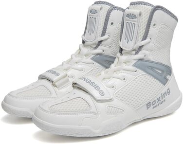 Боксерські та борцівські кросівки для чоловіків та жінок, дитячі, для залу, фітнесу, високі, з антиковзаючою підошвою, дихаючі (46 EU, Білий/Сірий)