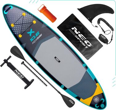 Надувний SUP Neo-Sport - комплект для сапбордингу з аксесуарами (насос, весло, страхувальний трос, рюкзак) - 320 см, Aquasurf 10.6, темно-синій та жовтий