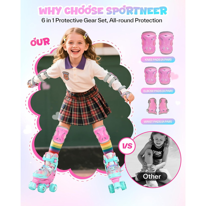 Дитячі ролики Sportneer з захистом, 8 світлових коліс, регульовані, для дівчаток, XS (26-29 EU), для дому та вулиці
