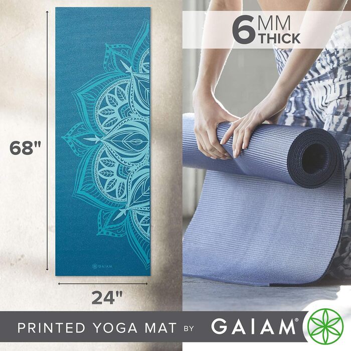 Килимок для йоги Gaiam Premium 6мм з принтом - товстий, нековзний, для йоги, пілатесу та фітнесу (68' x 24' x 6мм) (Indigo Point)