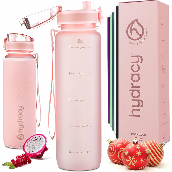 Пляшка для води Hydracy 1 л з фруктовим вставкою, BPA-free, з мітками часу, герметична спортивна пляшка без конденсату для спорту та активного відпочинку