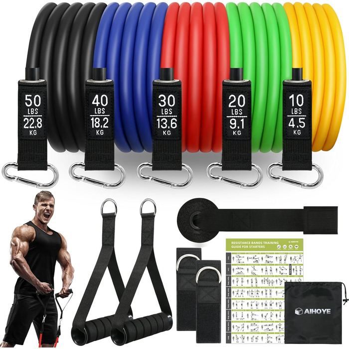 Резинки для фітнесу Aihoye з ручками, набір 12 шт. (4.5-68 кг), для фітнесу, реабілітації та силових тренувань