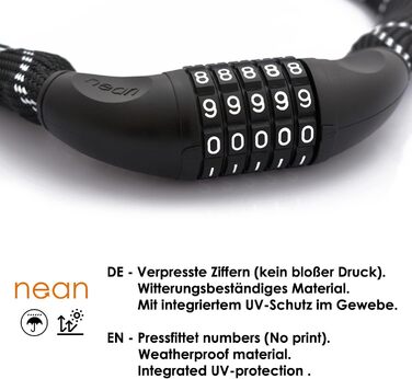Замок для велосипеда Nean з кодовим замком, висока безпека, міцна тканинна обгортка, 6 x 6 x 900 мм, чорний