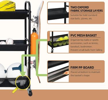 Стійка для зберігання баскетбольних м'ячів STORAGE MANIAC з 3 полицями, тренувальний стенд, органайзер для спортивних м'ячів, для гаража або фітнес-студії