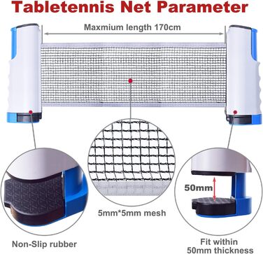 Сітка для настільного тенісу Sportout, регульована, знімні, для всіх типів столів, 170x19 см (сіра)