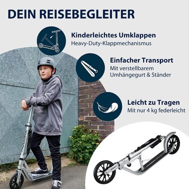 Самокат HUDORA BigWheel 205 алюмінієвий, складаний, для дітей і дорослих, до 100 кг, регульована висота, з/без замка