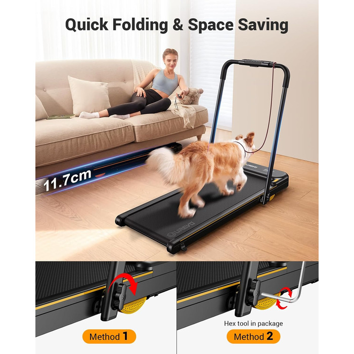 Walking Pad з нахилом 9%, амортизація 6 точок, тихий біговий стіл, 2.5 л.с. для дому/офісу (Чорний з ручкою, APP)