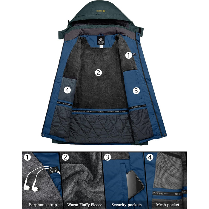 Чоловіча тепла куртка GEMYSE для катання на лижах, вітро- та водонепроникна, дихаюча, з багатьма кишенями, зимова куртка з капюшоном, білий колір (L, Lilablau Dunkelgrau)