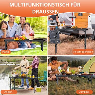 Складаний туристичний стіл Funyich 87x40 см, 3 положення висоти, алюміній, MDF, чорний