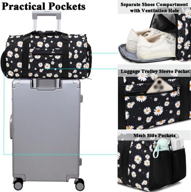 Спортивна сумка для дівчаток Kord з ромашками, 25L, чорна: для школи, танців, тренувань. З водонепроникним відділенням та відсіком для взуття.