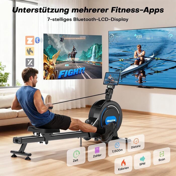 Гребний тренажер DMASUN для дому з магнітною системою опору, 16/32 рівні навантаження, LCD-дисплей, до 160 кг, чорний