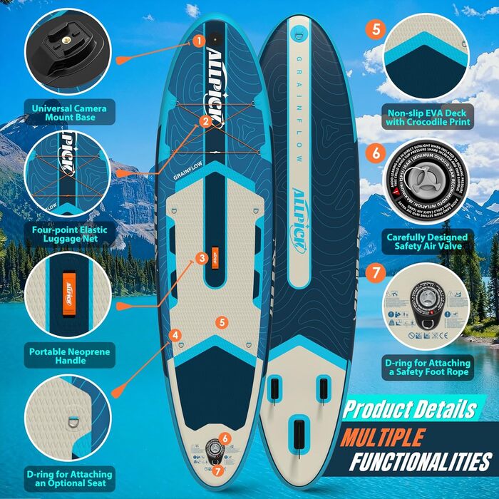 Надувний SUP-борд ALLPICK Premium з аксесуарами, тримачем для камери, регульованим веслом, для початківців та досвідчених, 200 кг, колір: Глибокий синій