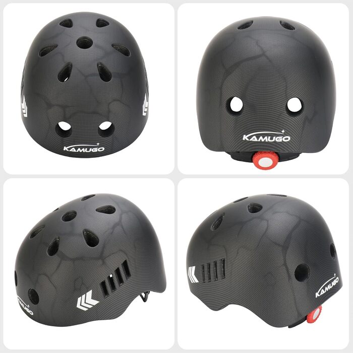 Дитячий шолом KAMUGO з комплектом захисту: наколінники, налокітники, захист для зап'ясть. Підходить для дітей 1-8 років. Ідеально для роликів, скейтборду, велосипеда. Чорний колір.