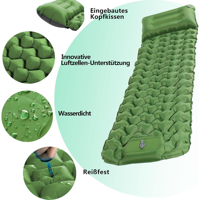 TENQUAN Килимок для кемпінгу самонадувний, 9см, для сну, відпочинку, подорожей, з насосом, для авто, намету, трекінгу, пляжу (Pfauen/Grau) (Grün)