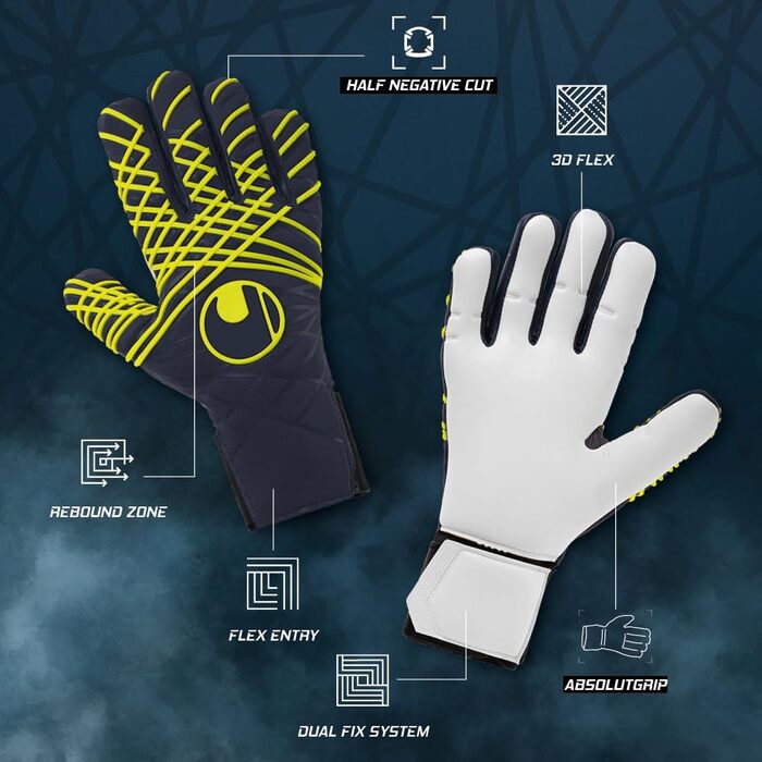 Воротарські рукавички Uhlsport Prediction Absolutgrip HN Fit для дітей і дорослих, розмір 9.5, сині/білі/жовті, для футболу