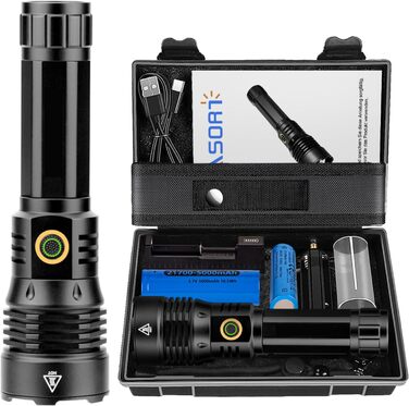 Тактичний ліхтарик ASORT 500000 люмен: USB-зарядний, Zoom, 6 режимів, водонепроникний IP67, з чохлом для кемпінгу та туризму