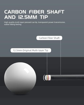 Більярдний кий CRICAL з карбону, 147,3 см, професійний, з'єднання 3/8 x 8, наконечник 12,5 мм, COWCUE-02