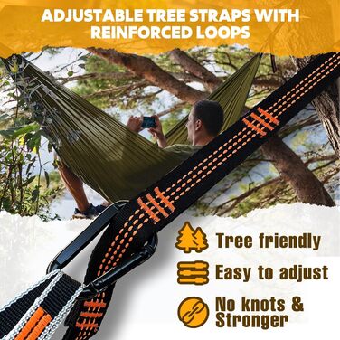 Легка туристична гамак NATUREFUN для кемпінгу | 300 кг вантажопідйомність, 275 x 140 см | Дихаючий, швидковисихаючий нейлон, 2 карабіни, 2 петлі | Для дому, саду, відпочинку на природі