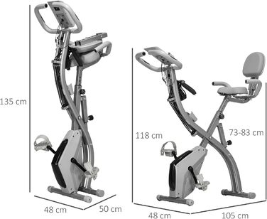 Велотренажер HOMCOM X-Bike 2-в-1, складаний, з LCD-дисплеєм, 8-рівневим магнітним опором і еспандерами, сталь, 105x48x118 см