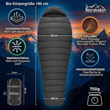 Спальний мішок Mumienschlafsack Norskskin Ultralight 205 Grau - екстремальний (-6°C), з'єднується, з кишенею для подушки, лівий блискавка