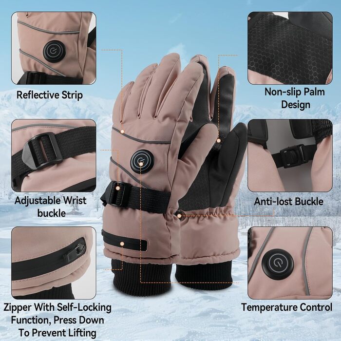 Електричні грілки для рук для чоловіків та жінок, 7.4V 5000mAh/6000mAh, сенсорний екран, 3 режими, 45/50/55°C, неслизькі, для катання на велосипеді, лижах, кемпінгу (Рожевий, 5000mAh)