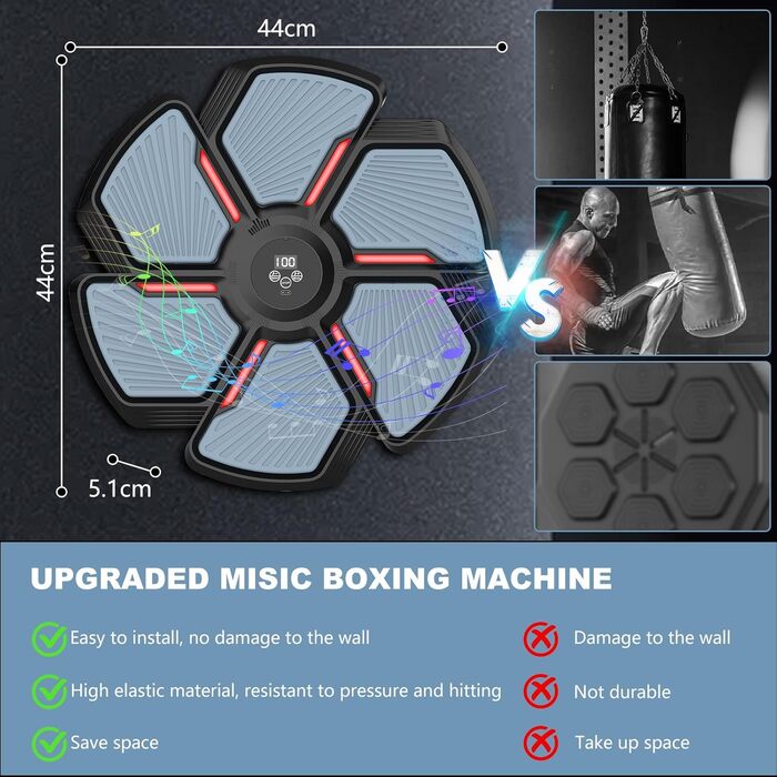 Музичний боксерський тренажер SWBSLL з рукавичками, LED-підсвіткою та Bluetooth, 9 швидкостей, 9 режимів, 30 рівнів гучності, для дорослих та дітей