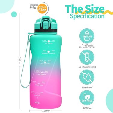 Дитяча спортивна пляшка для води 2л, 1.5л, 1л, 700мл, 500мл. Без витоку, з маркуванням часу. BPA Free Tritan для дівчаток та хлопчиків, школи, спортзалу. Смарагдово-фіолетовий колір.