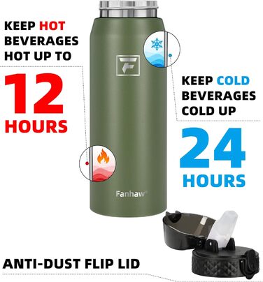 Фанав 600 мл, ізольована спортивна пляшка для води з трубочкою з нержавіючої сталі для школи, дітей, чоловіків та жінок (зелений)