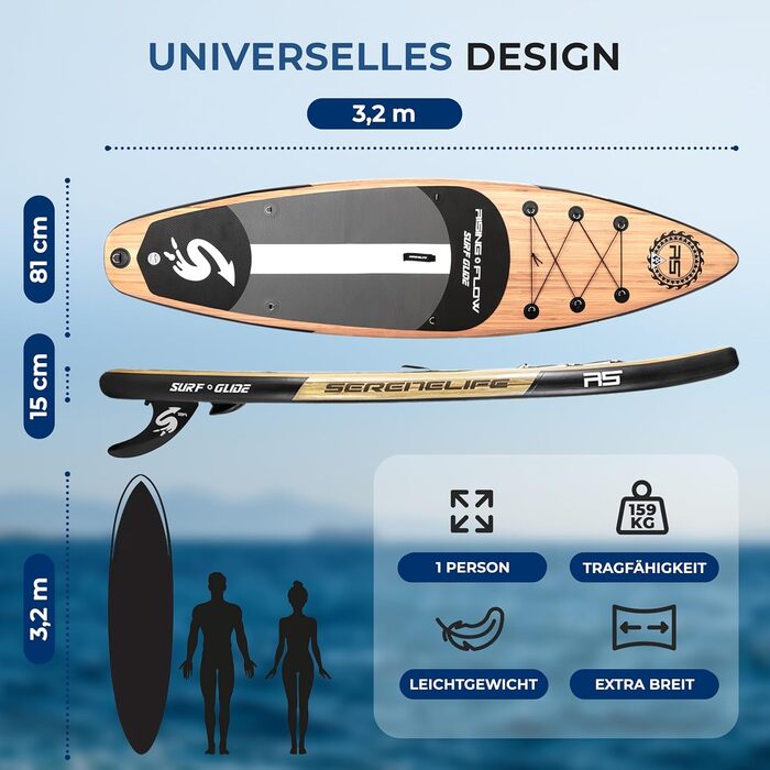 Надувний SUP SereneLife для дорослих та дітей: комплект з веслом, насосом та сумкою. Touring SUP для річки, моря та озера. Максимальне навантаження 155 кг.