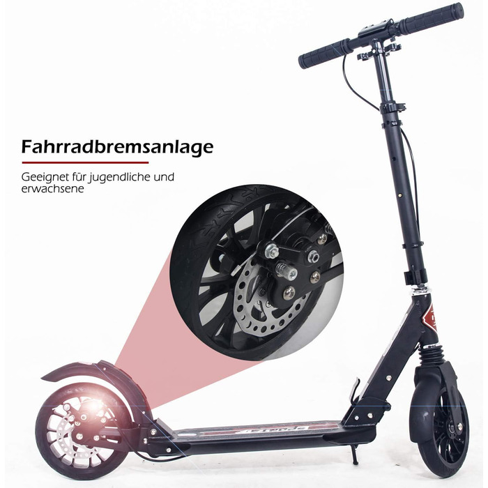 ISE Roller 200mm Big Wheel: Скутер з великим колесом 200 мм, подвійне гальмо, амортизація, складний, для дорослих та дітей, до 100 кг, з ремінним ременем та ручним гальмом, спортивний стиль