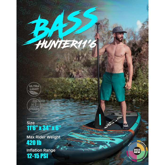 Надувне SUP-борд MYBOAT 30,5 x 86,4 x 15,2 см для риболовлі та відпочинку, з аксесуарами: 3 фінки, двосторонні еластичні шнури, кріплення для камери, ручна помпа, весло, водонепроникний мішок 5 л, мотузка