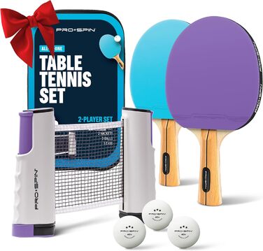 Набір для настільного тенісу PRO-SPIN - з сіткою, м'ячами, сумкою | Для гри 2 гравців | Преміум якість | Фіолетовий/Блакитний