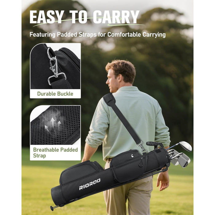Сумка для гольфу на штативі, легка, для 9 ключок, з роздільниками, водонепроникна, з кишенькою-холодильником, ергономічний плечовий ремінь, велика кишеня, унісекс, чорна A1