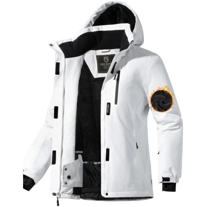 Жіноча водонепроникна куртка для сноубордингу та лижного спорту FREE SOLDIER з флісовою підкладкою, тепла зимова куртка з капюшоном, повністю проклеєні шви (XXL, Білий/Ошатний сад)