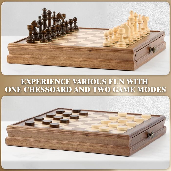 Магнітний шаховий та шашки з горіхового дерева – 2-в-1 набір, з ящиком для зберігання, 2 фігури для шашок, 24 шашкових фігури – дерев'яний шаховий набір для дітей та дорослих